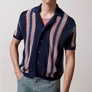 BDG Navy & Pink Striped Crochet Short-Sleeve Cardigan